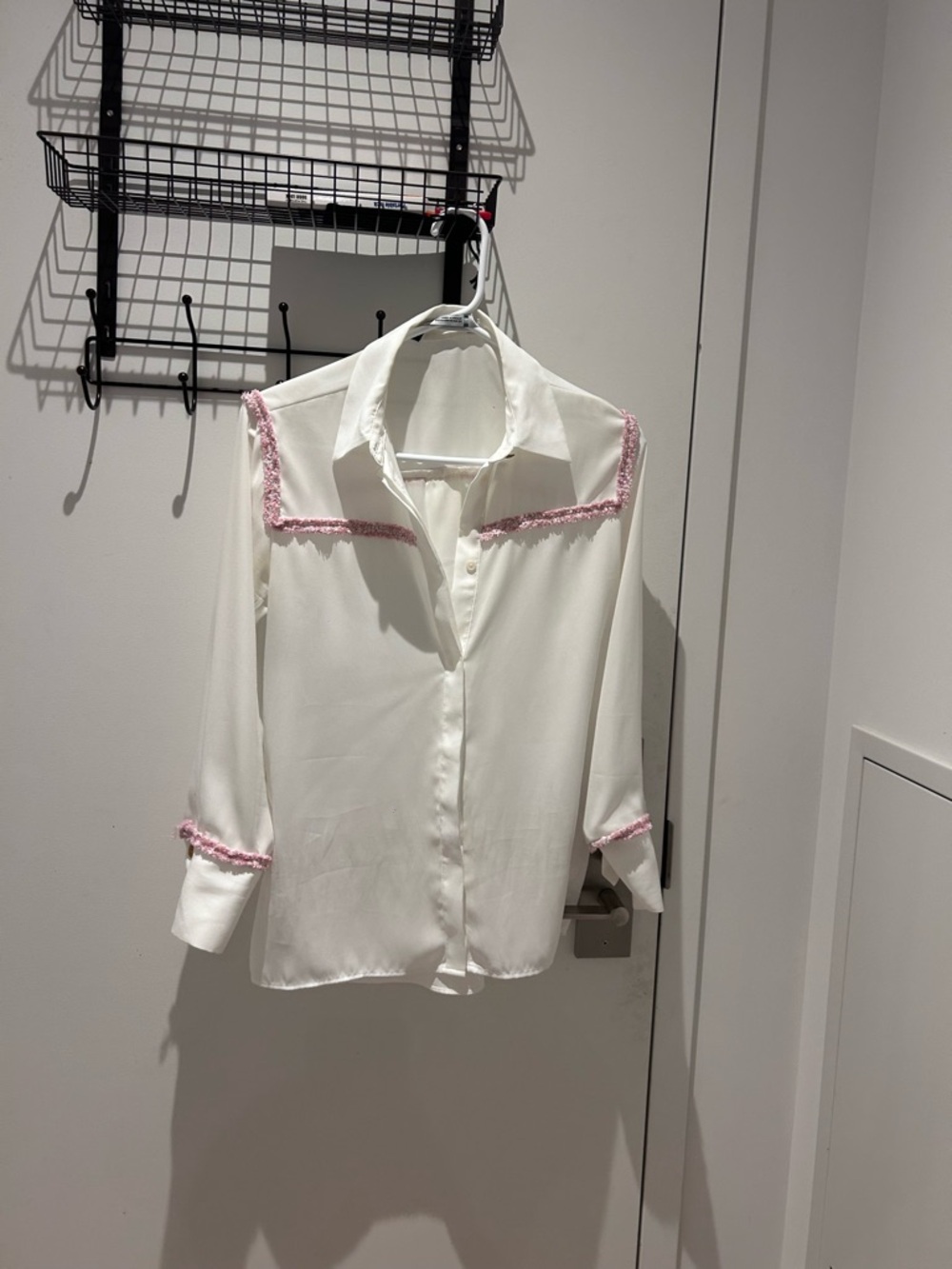 White Button-Up Blouse with Pink Trim